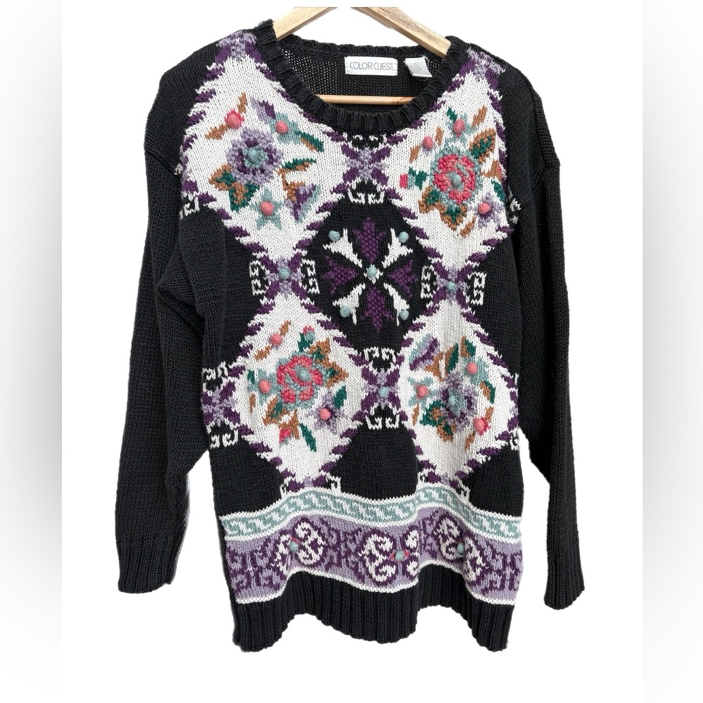 Vintage Color Cues Floral Knit Sweater Pull Over Women’s Large Granny Core 90s